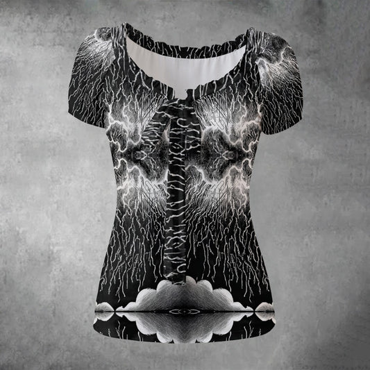 All-over print Women's Puff Sleeve Pleated Shirt