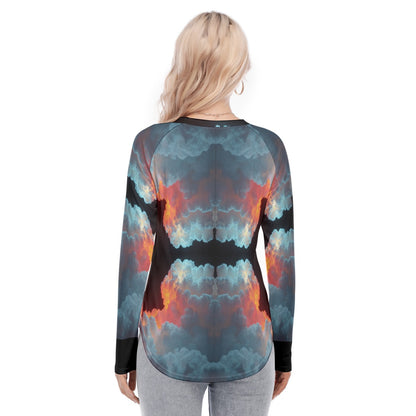 Women's Raglan Sleeves U-Shaped Hem Long Sleeves Blouse