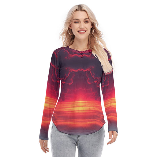 Women's Raglan Sleeves U-Shaped Hem Long Sleeves Blouse