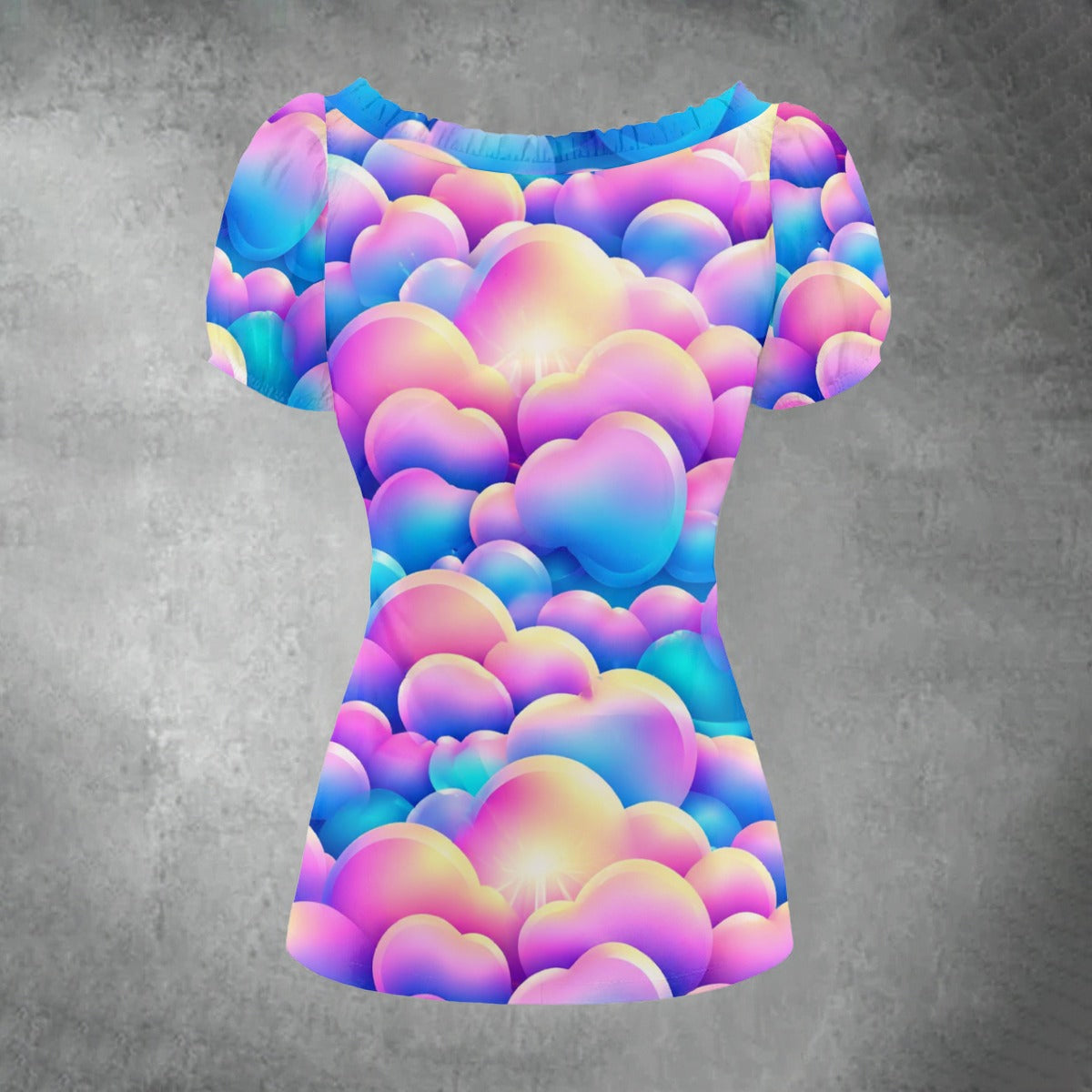 All-over print Women's Puff Sleeve Pleated Shirt