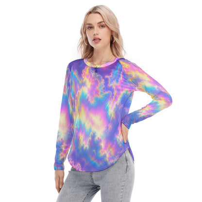 Women's Raglan Sleeves U-Shaped Hem Long Sleeves Blouse