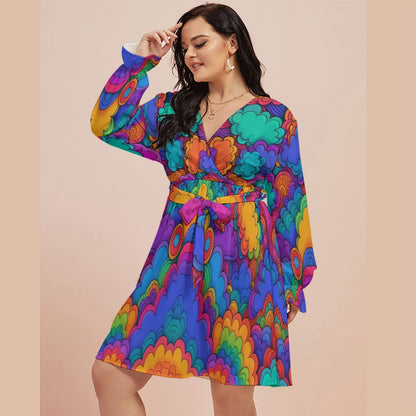 Women's V-neck Dress With Waistband(Plus Size)