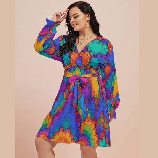 Women's V-neck Dress With Waistband(Plus Size)