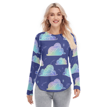 Women's Raglan Sleeves U-Shaped Hem Long Sleeves Blouse