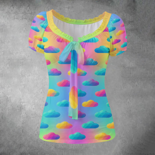 All-over print Women's Puff Sleeve Pleated Shirt
