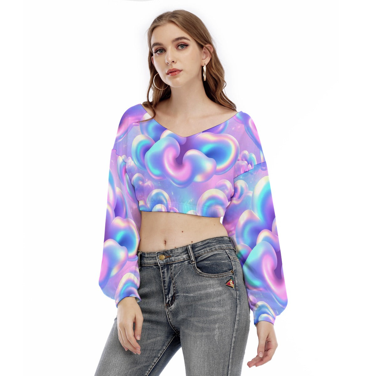 Women's V-neck Long Sleeve Cropped Sweatshirt
