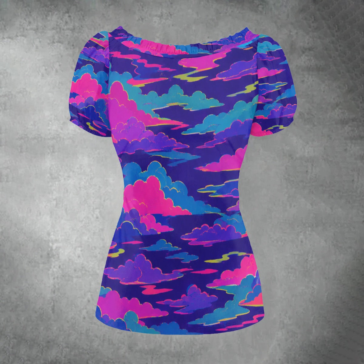 All-over print Women's Puff Sleeve Pleated Shirt
