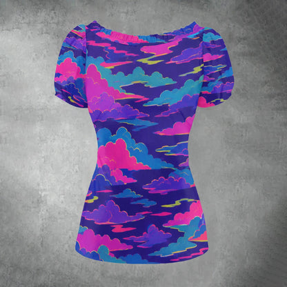 All-over print Women's Puff Sleeve Pleated Shirt