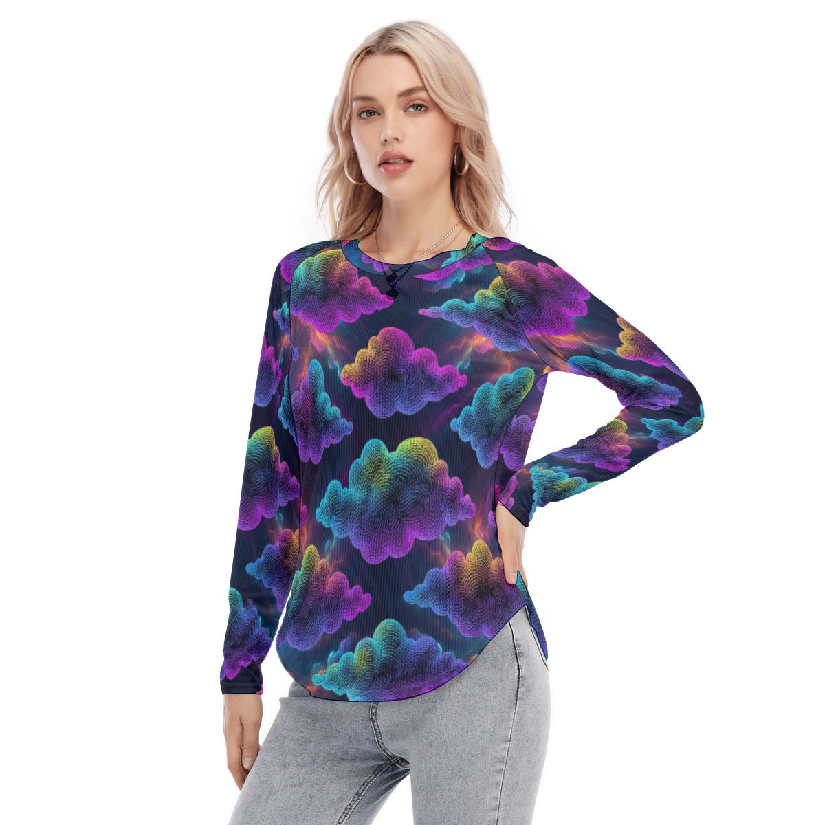 Women's Raglan Sleeves U-Shaped Hem Long Sleeves Blouse