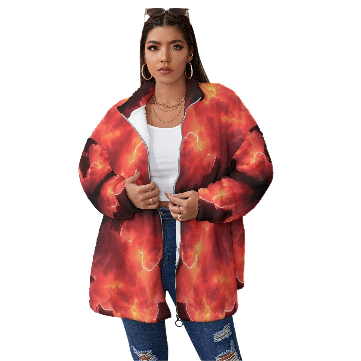 Unisex Borg Fleece Stand-up Collar Coat With Zipper Closure(Plus Size)