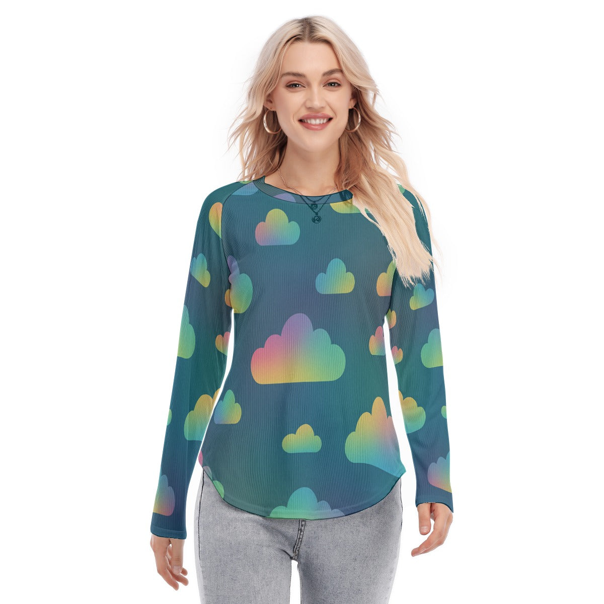 Women's Raglan Sleeves U-Shaped Hem Long Sleeves Blouse