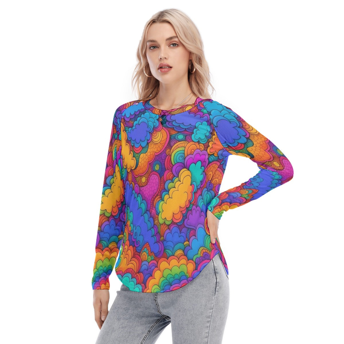 Women's Raglan Sleeves U-Shaped Hem Long Sleeves Blouse