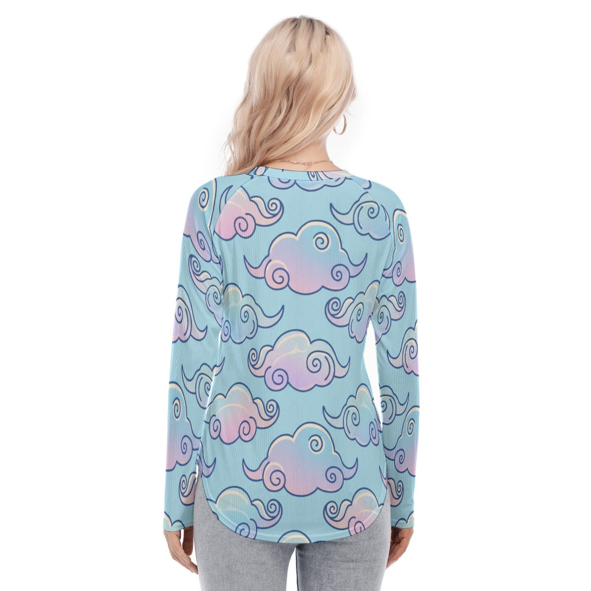 Women's Raglan Sleeves U-Shaped Hem Long Sleeves Blouse