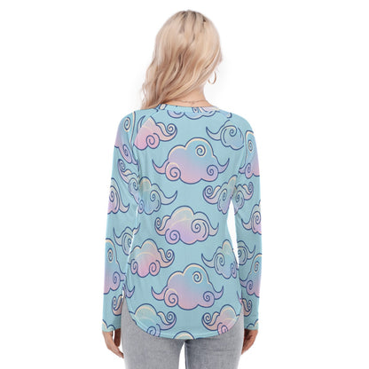 Women's Raglan Sleeves U-Shaped Hem Long Sleeves Blouse