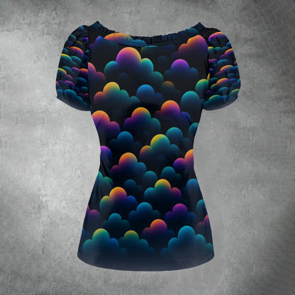 All-over print Women's Puff Sleeve Pleated Shirt