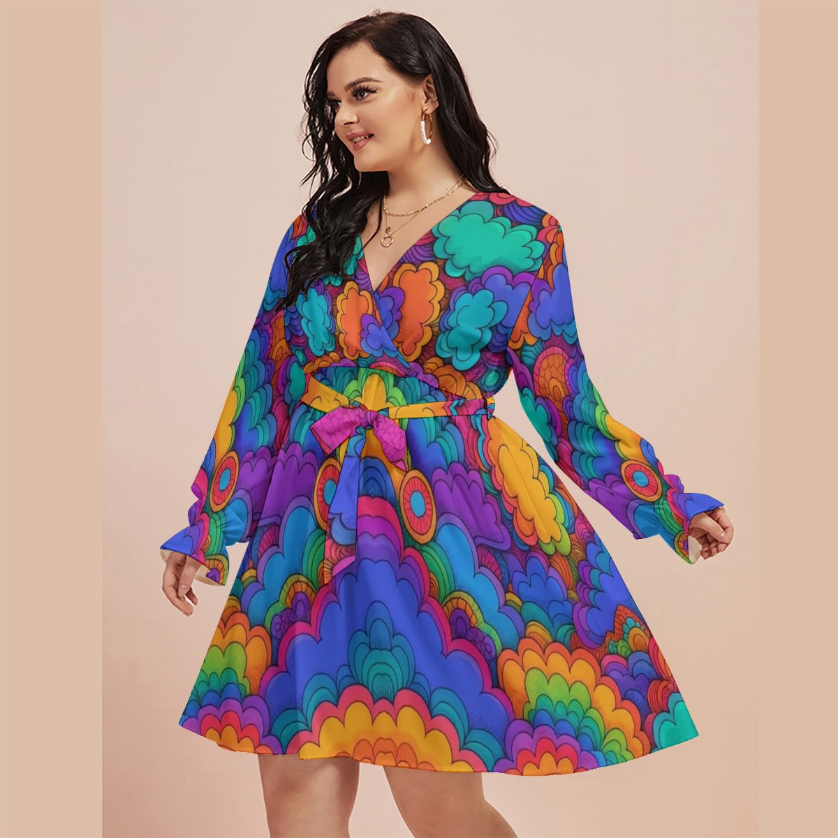 Women's V-neck Dress With Waistband(Plus Size)