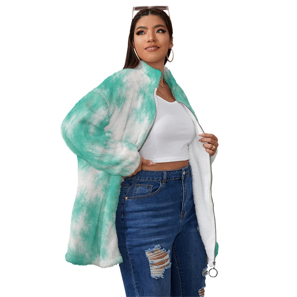 Unisex Borg-Fleece Stand-Up Collar Zip Coat — Plus Size - view 3