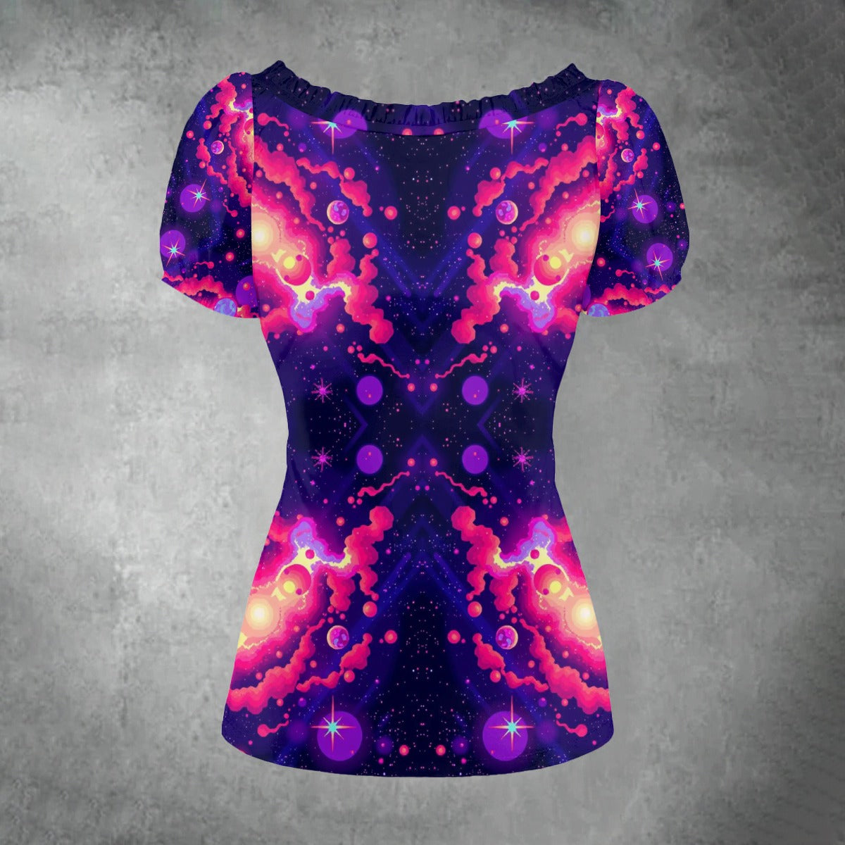 All-over print Women's Puff Sleeve Pleated Shirt