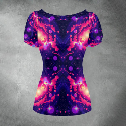 All-over print Women's Puff Sleeve Pleated Shirt
