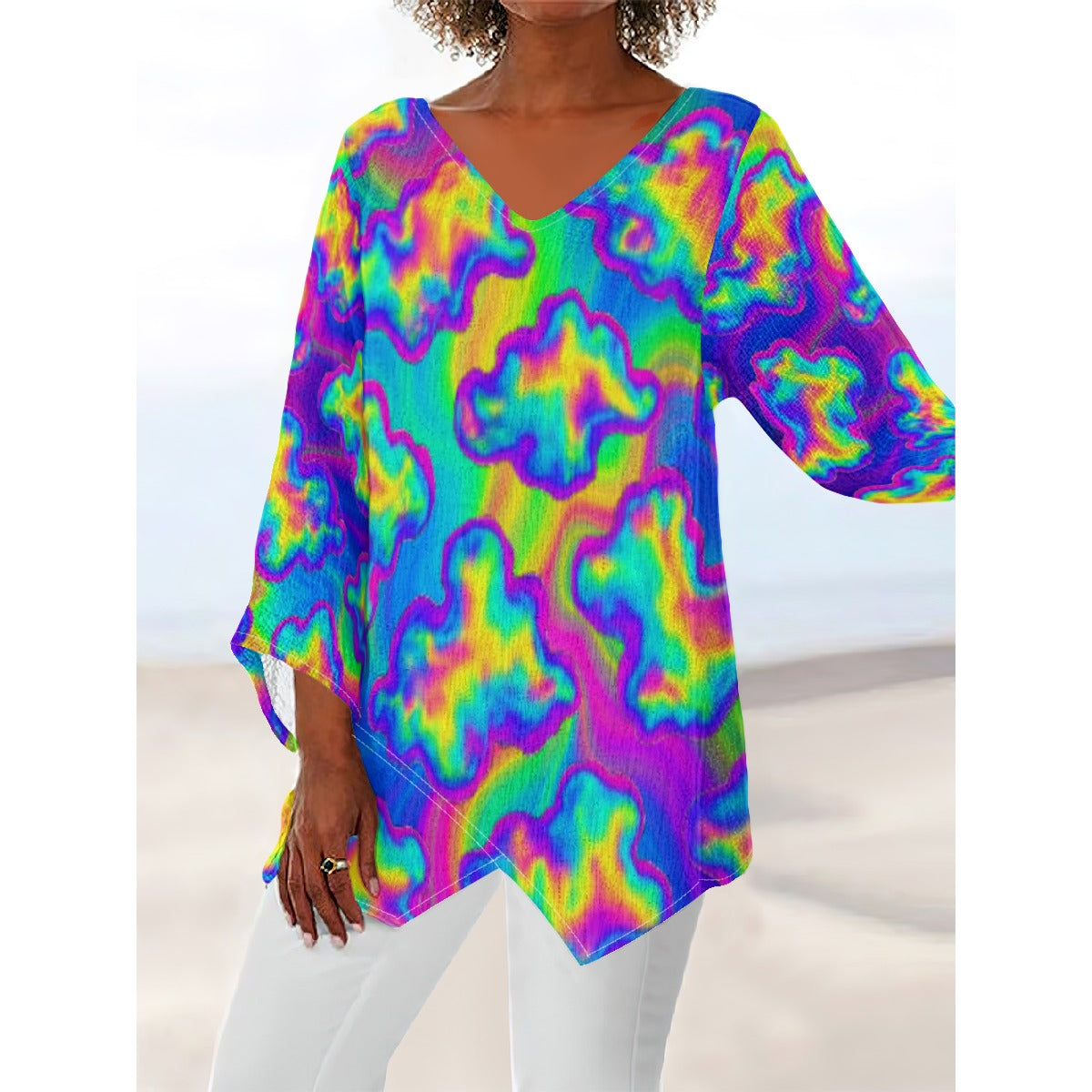 Women's V-neck T-shirt With Irregular Hem