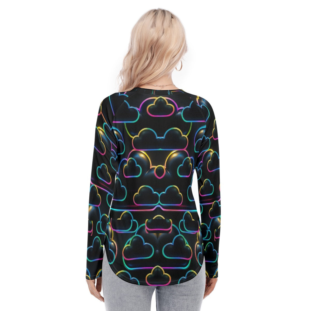 Women's Raglan Sleeves U-Shaped Hem Long Sleeves Blouse