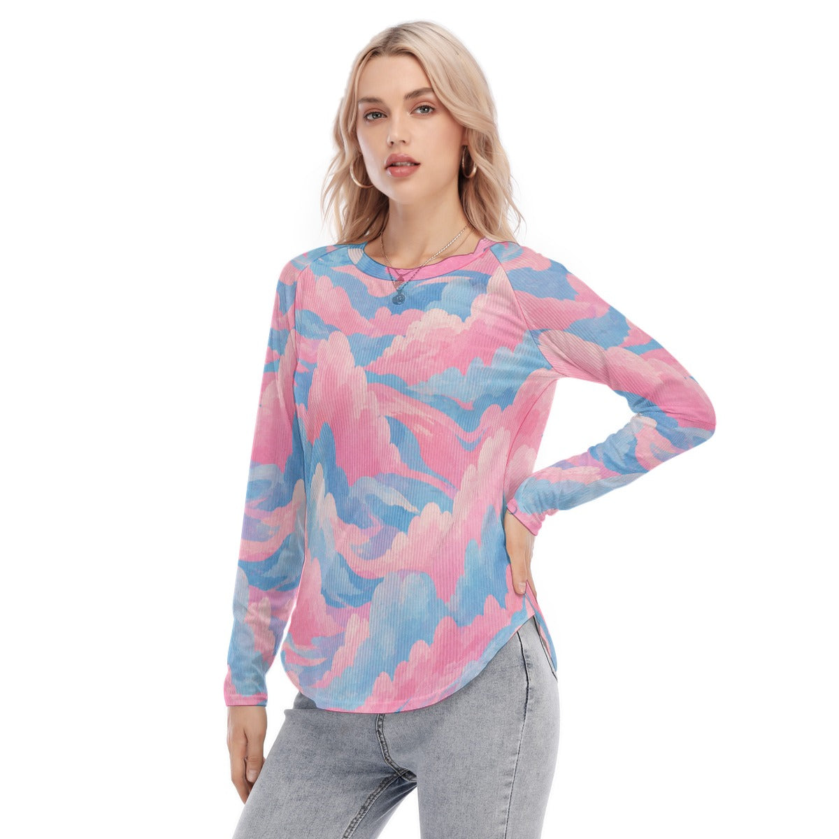 Women's Raglan Sleeves U-Shaped Hem Long Sleeves Blouse
