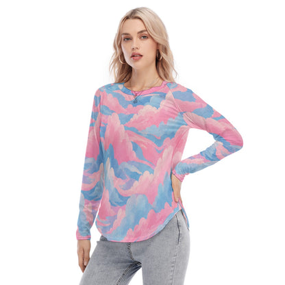 Women's Raglan Sleeves U-Shaped Hem Long Sleeves Blouse