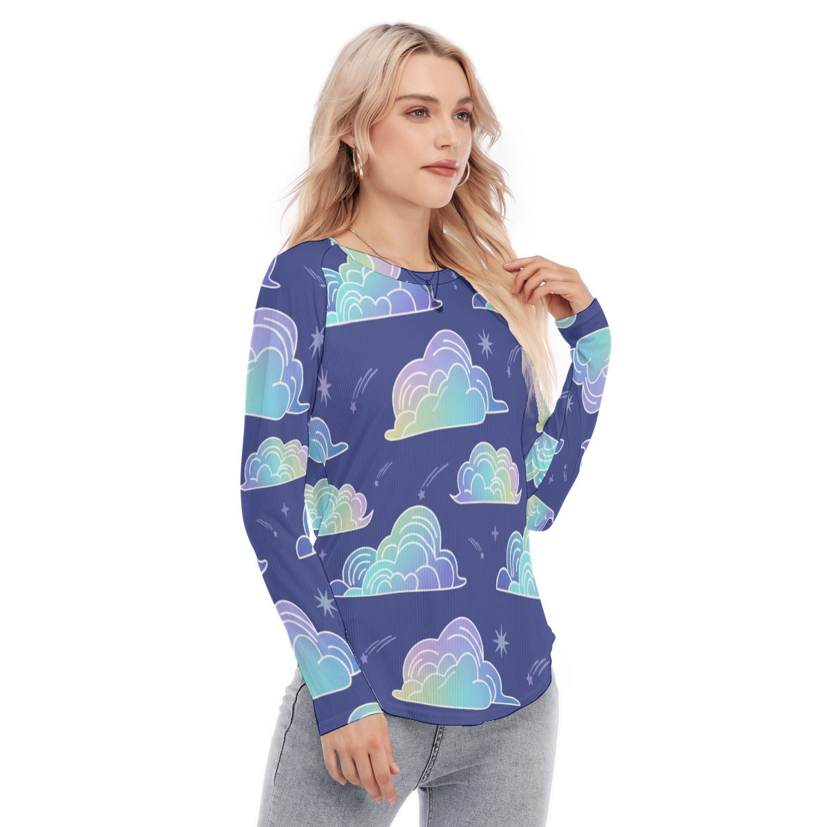 Women's Raglan Sleeves U-Shaped Hem Long Sleeves Blouse