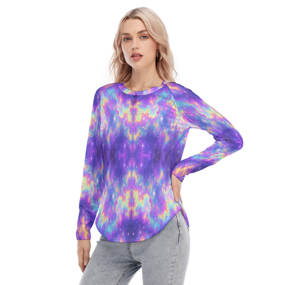 Women's Raglan Sleeves U-Shaped Hem Long Sleeves Blouse