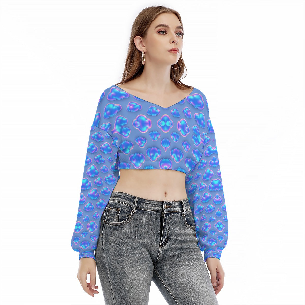 Women's V-neck Long Sleeve Cropped Sweatshirt