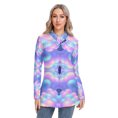 Women's Long-sleeved Heap-neck Slim Casual Tunic Blouse