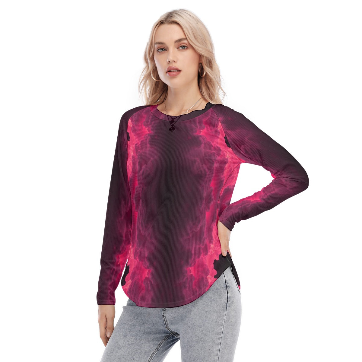 Women's Raglan Sleeves U-Shaped Hem Long Sleeves Blouse