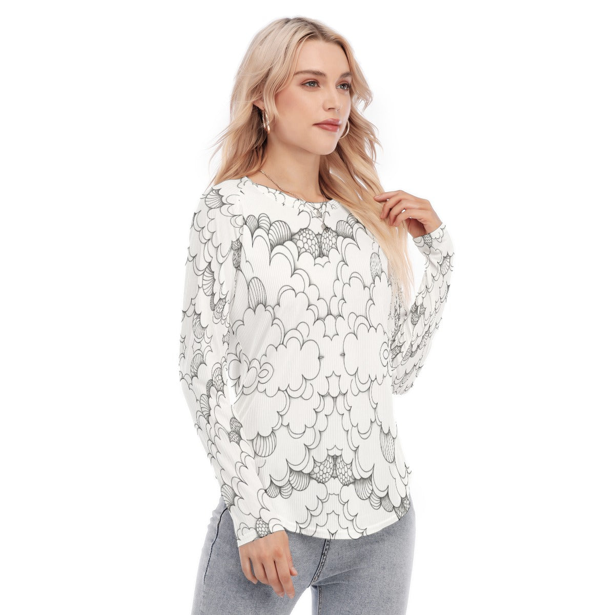 Women's Raglan Sleeves U-Shaped Hem Long Sleeves Blouse