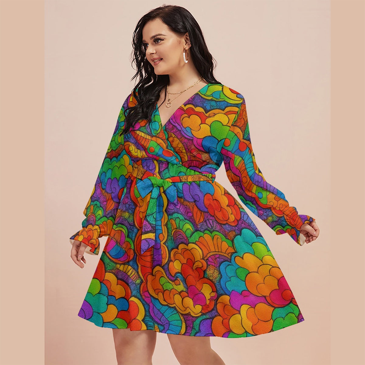 Women's V-neck Dress With Waistband(Plus Size)