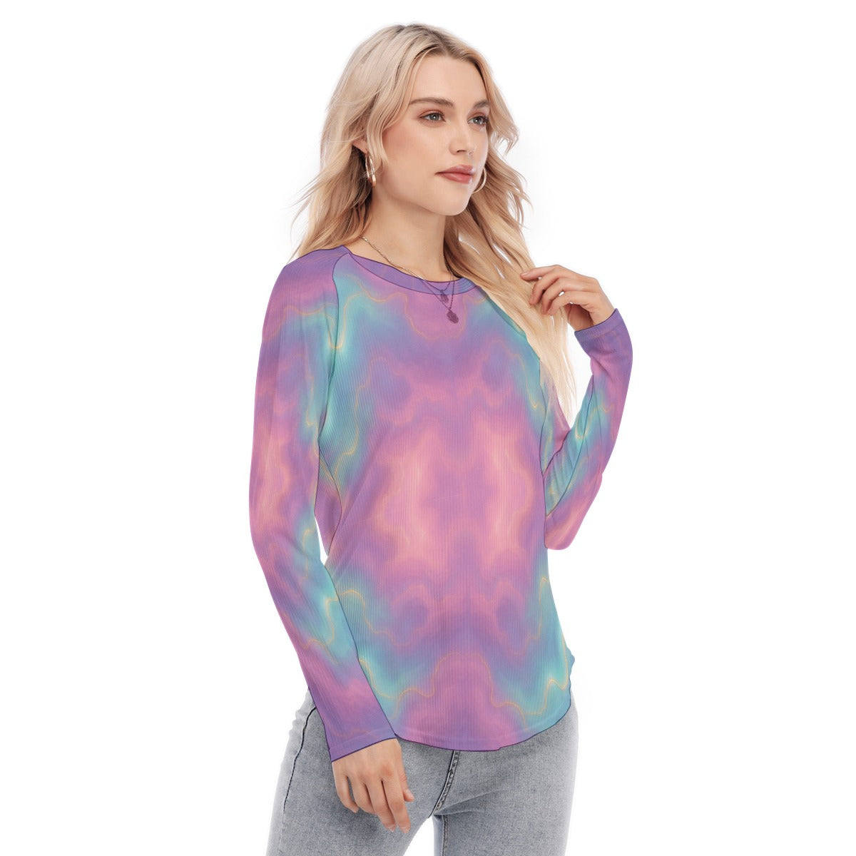 Women's Raglan Sleeves U-Shaped Hem Long Sleeves Blouse