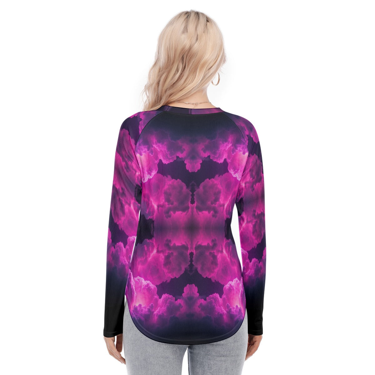 Women's Raglan Sleeves U-Shaped Hem Long Sleeves Blouse