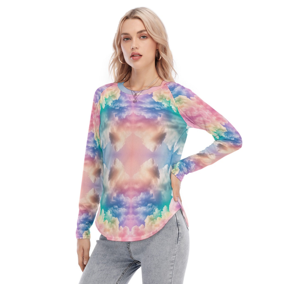 Women's Raglan Sleeves U-Shaped Hem Long Sleeves Blouse