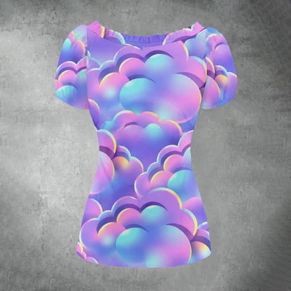 All-over print Women's Puff Sleeve Pleated Shirt