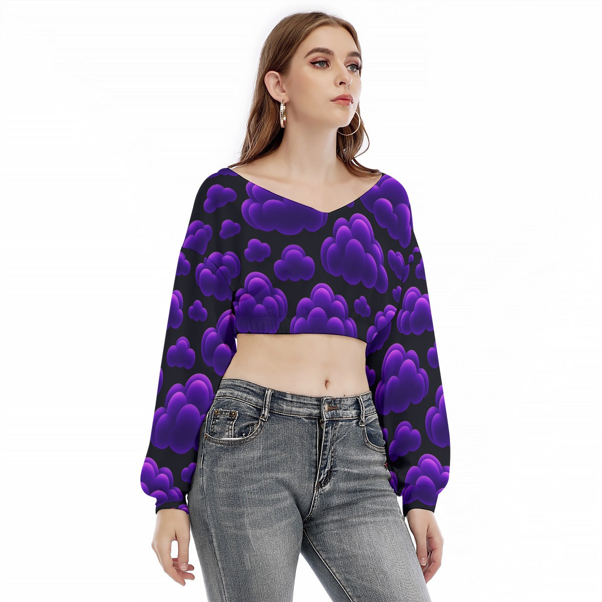 Women's V-neck Long Sleeve Cropped Sweatshirt
