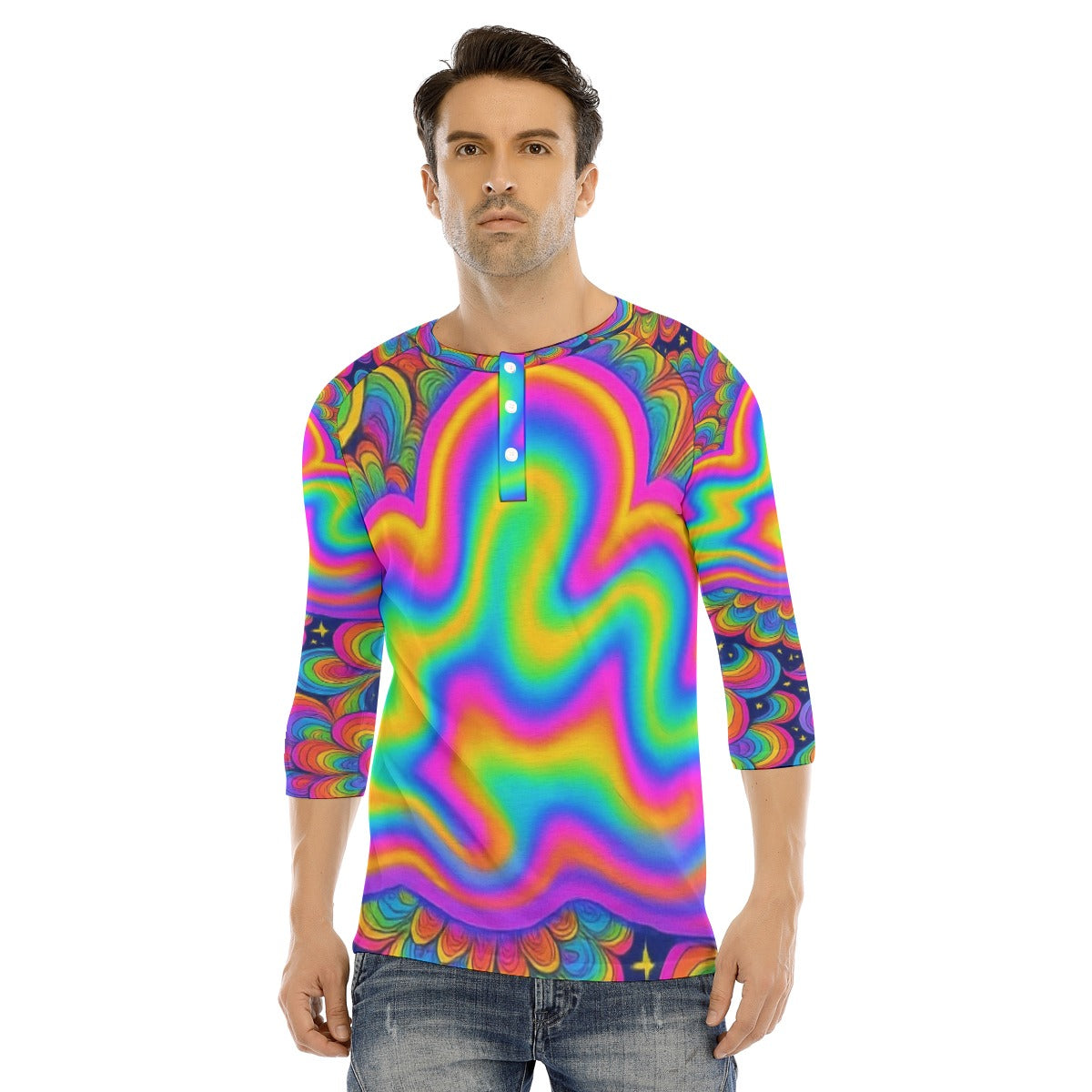 Men's Bracelet Sleeve T-shirt With Button Closure