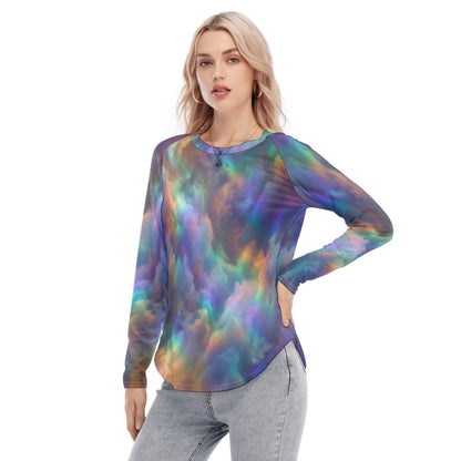 Women's Raglan Sleeves U-Shaped Hem Long Sleeves Blouse