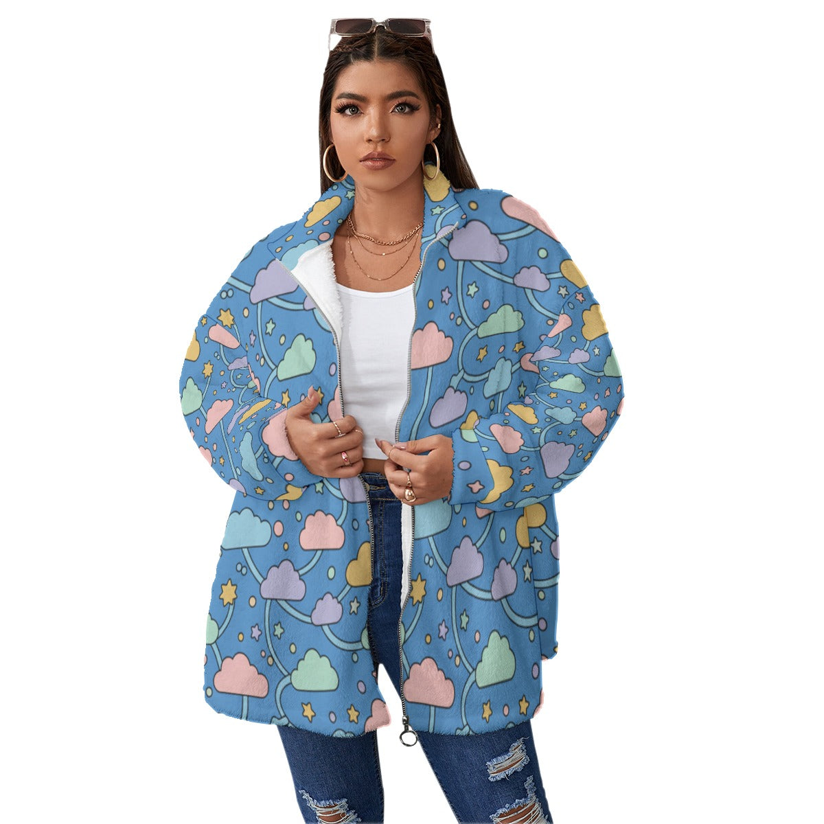 Unisex Borg Fleece Stand-up Collar Coat With Zipper Closure(Plus Size)