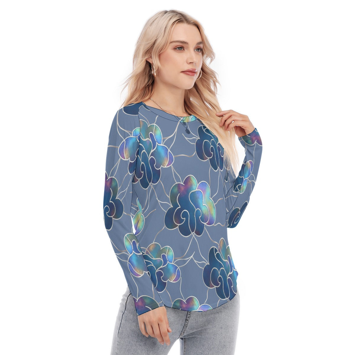 Women's Raglan Sleeves U-Shaped Hem Long Sleeves Blouse