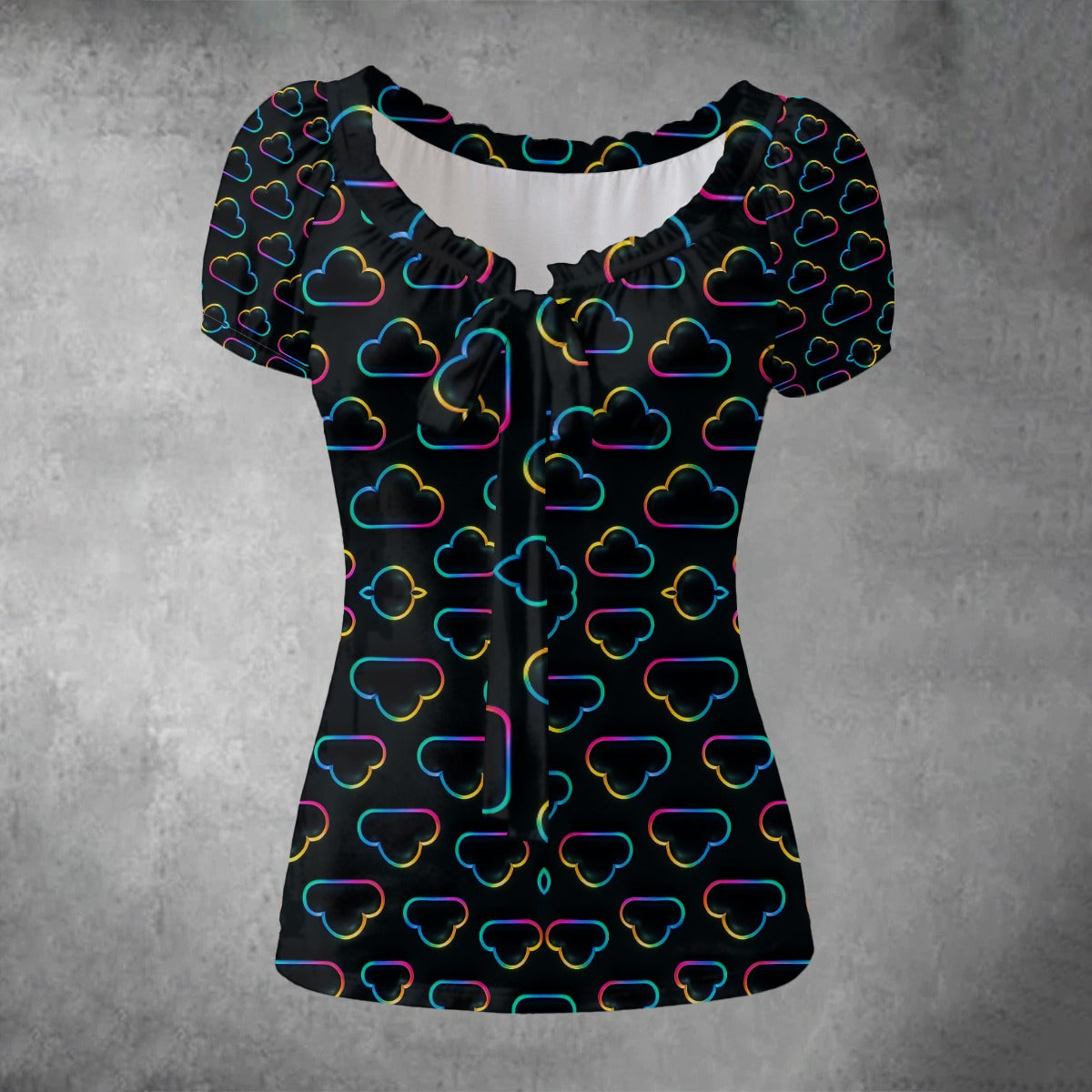 All-over print Women's Puff Sleeve Pleated Shirt