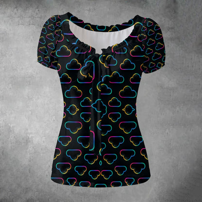 All-over print Women's Puff Sleeve Pleated Shirt