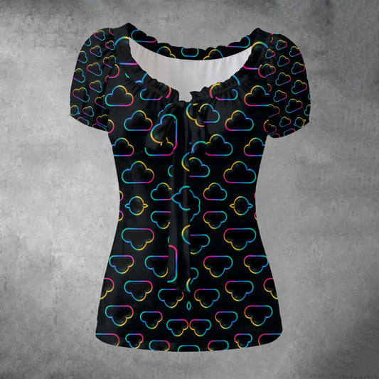 All-over print Women's Puff Sleeve Pleated Shirt