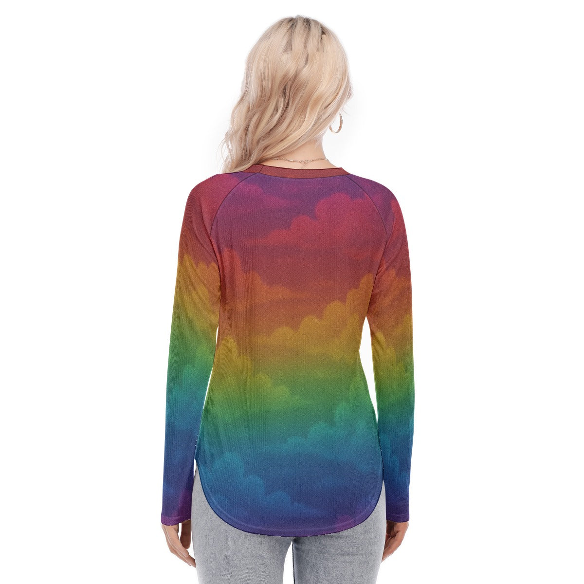 Women's Raglan Sleeves U-Shaped Hem Long Sleeves Blouse