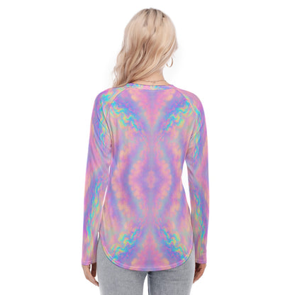 Women's Raglan Sleeves U-Shaped Hem Long Sleeves Blouse