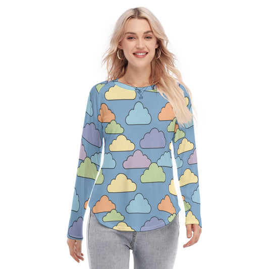 Women's Raglan Sleeves U-Shaped Hem Long Sleeves Blouse