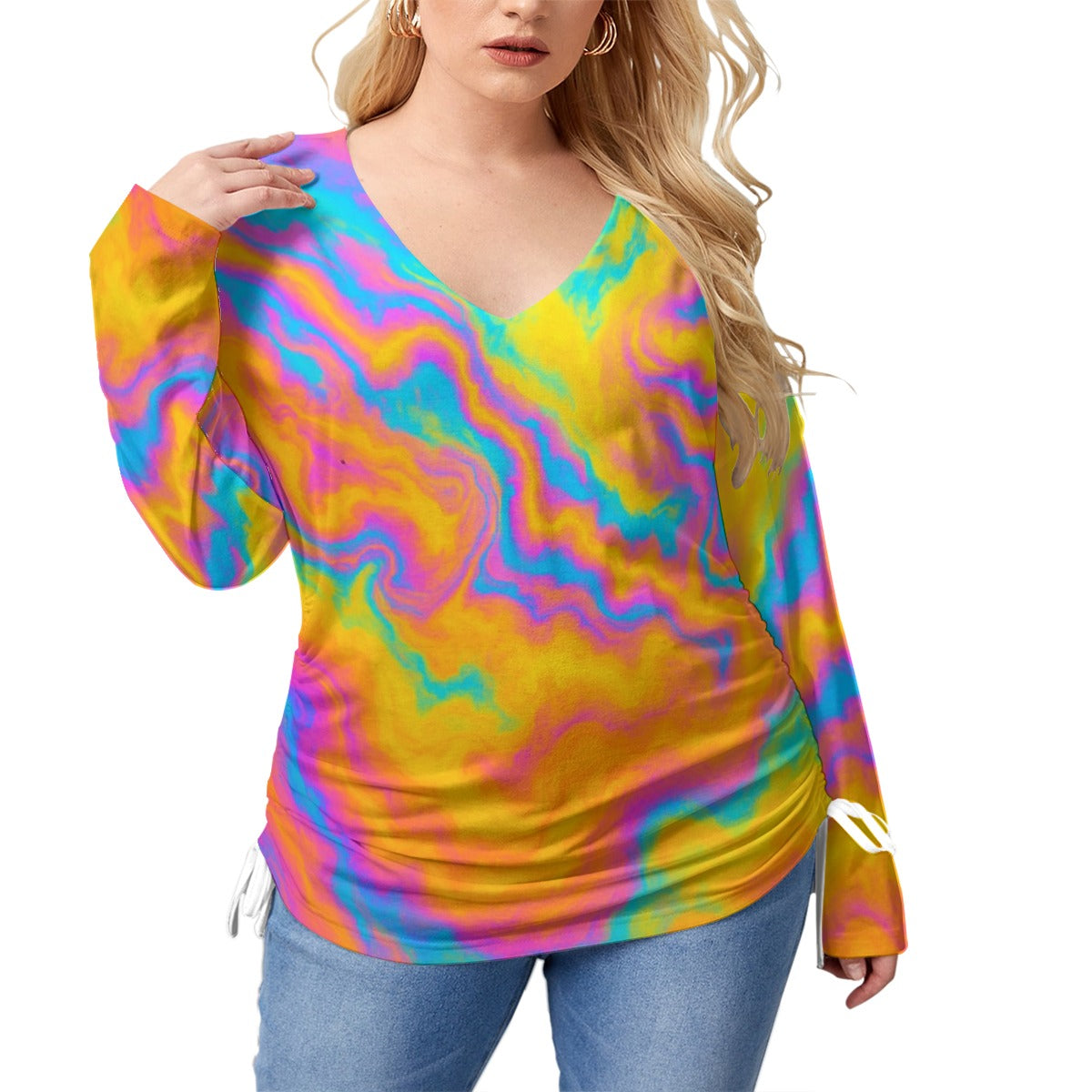 Unisex Women’s V-neck T-shirt With Side Drawstring(Plus Size)